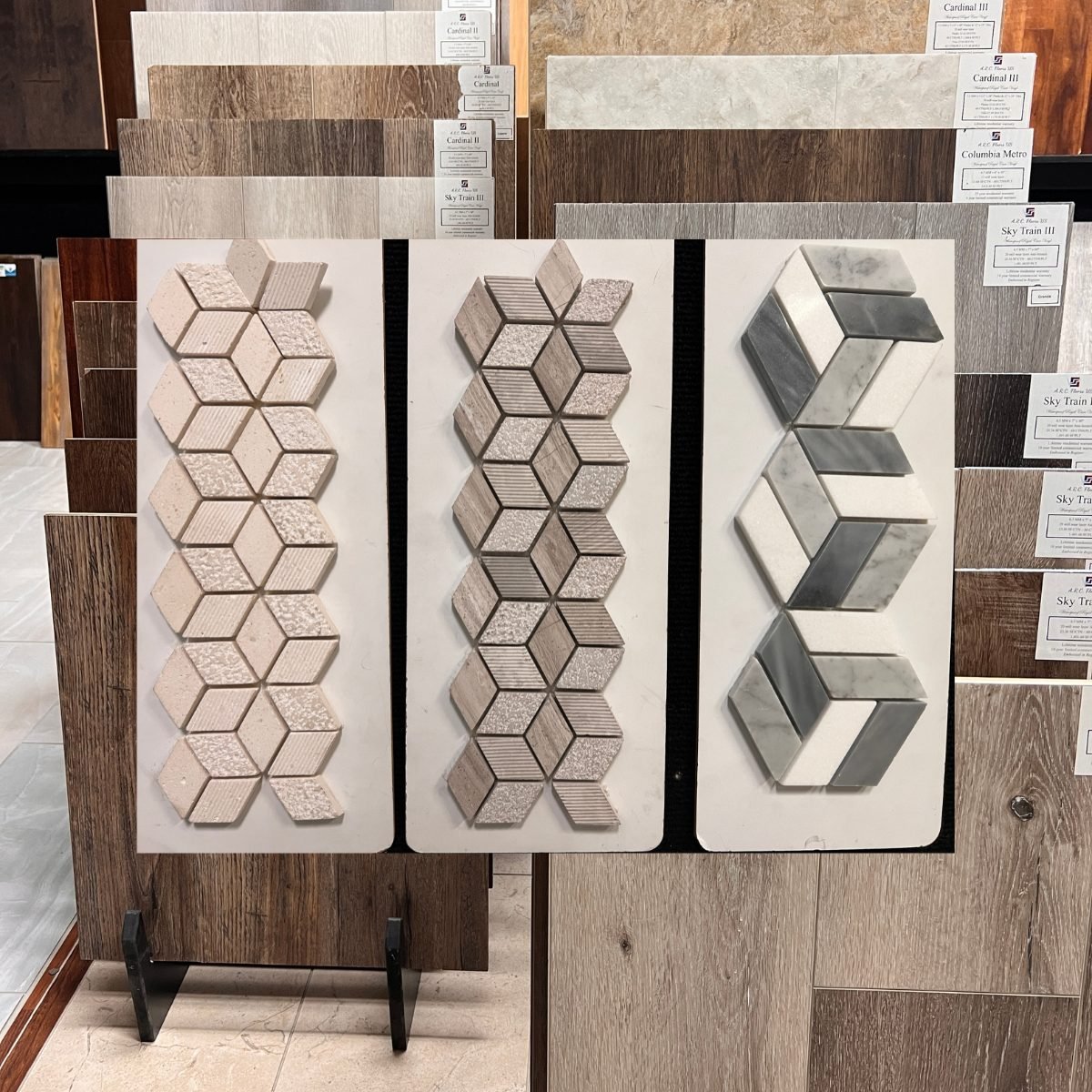 Stone mosaic tile in diamond and chevron patterns in Owensboro KY