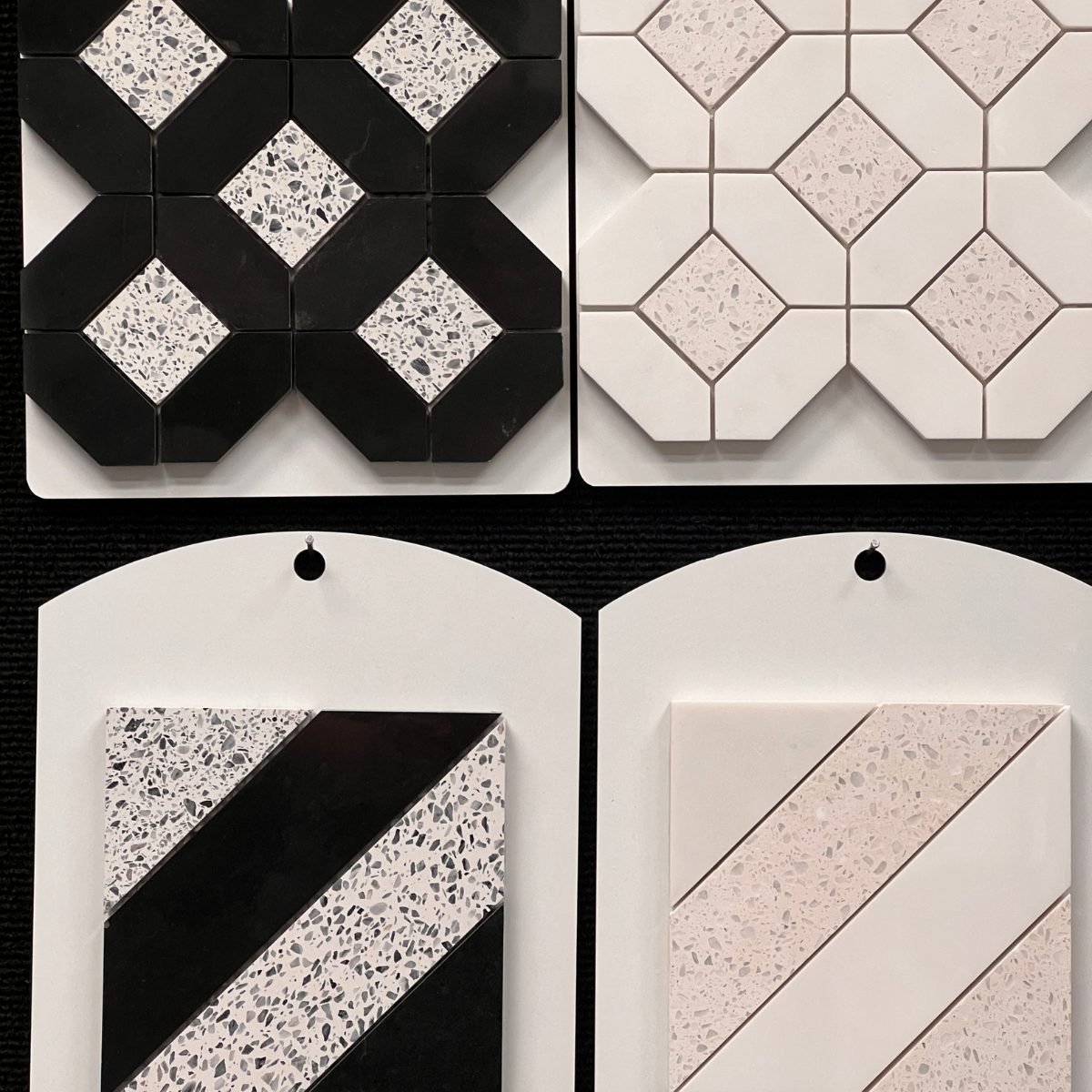 Black and white terrazzo look accent tile patterns at Kentucky Tile Distributors in Owensboro KY