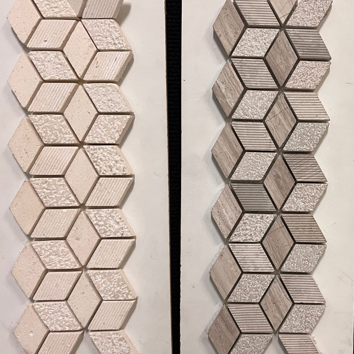 natural-stone-tile-owensboro-ky-stone-mosaic Cream natural stone mosaic tile in a diamond pattern at Kentucky Tile Distributors in Owensboro KY