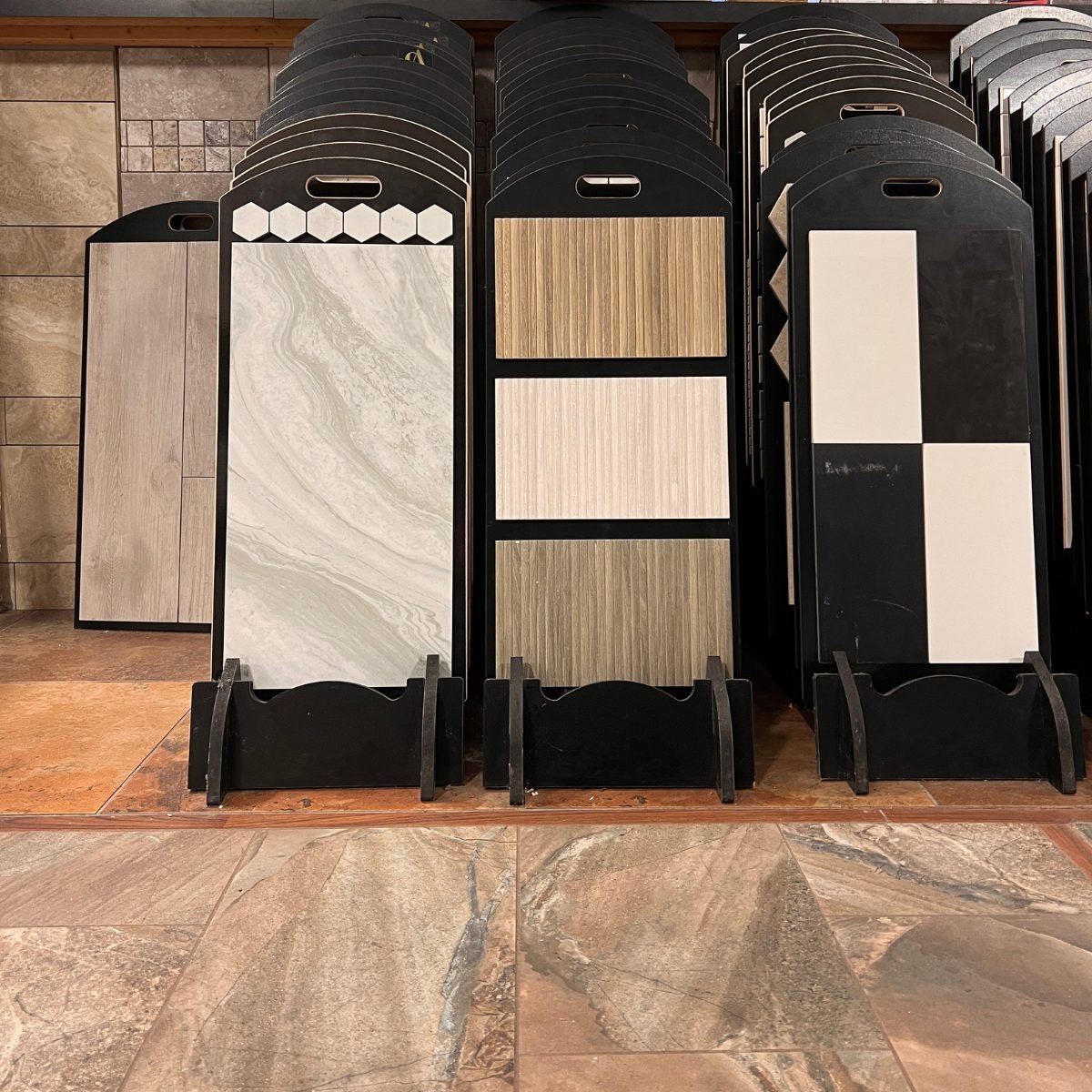 Porcelain tile sample racks in the showroom at Kentucky Tile Distributors in Owensboro KY
